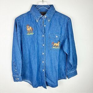 Wrangler Vintage 90s Denim Chambray Button Down Horse Rodeo Embroidered Shirt S